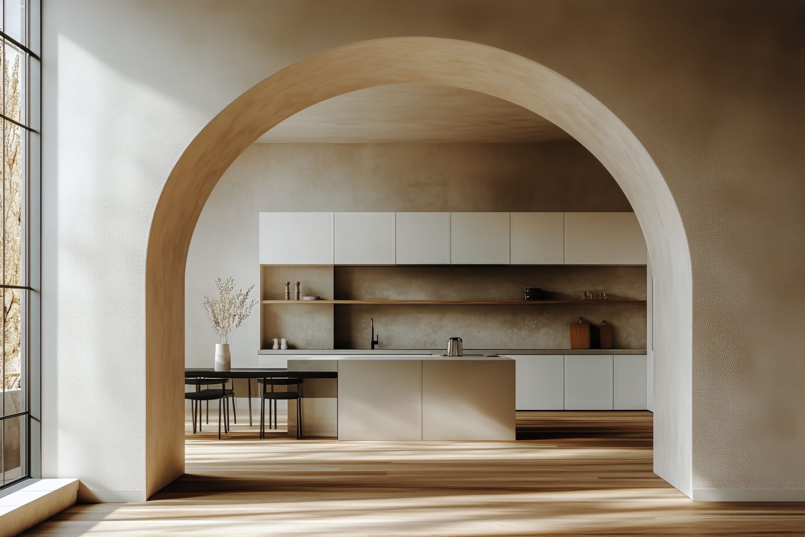 modern kitchen design with minimalist decor and natural light in a spacious living area